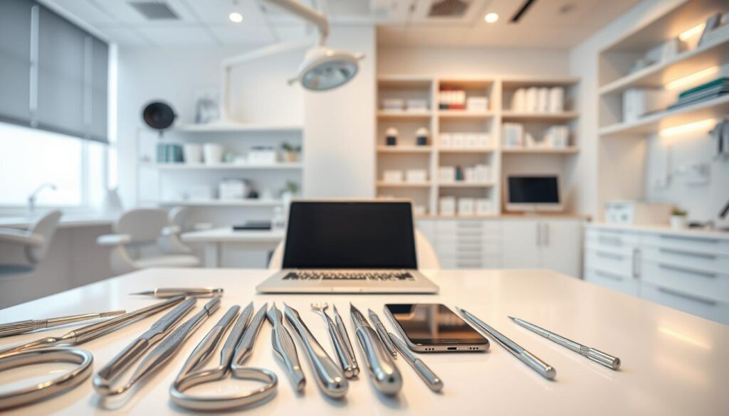 A bright, modern dental clinic office with a sleek, minimalist aesthetic. In the foreground, a collection of professional-grade dental tools and instruments arranged neatly on a clean, white surface. The middle ground features a laptop computer, tablet, and smartphone, symbolizing various digital management and communication tools used in modern dental practice. In the background, shelves and storage units filled with dental supplies and paperwork, suggesting a well-organized, efficient clinic. The lighting is warm and inviting, creating a sense of professionalism and competence. The overall scene conveys a forward-thinking, technology-driven dental practice equipped with a comprehensive suite of digital tools and resources.