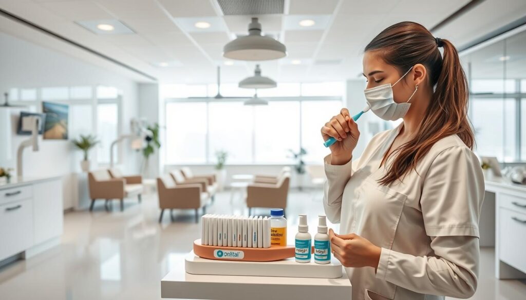 A bright, modern dental clinic with clean, minimalist interior design. In the foreground, a dental hygienist demonstrates proper brushing technique on a large toothbrush model, illustrating an educational content strategy for oral health. The middle ground features a display of dental care products, including toothpaste, floss, and mouthwash, arranged in a visually appealing manner. The background showcases a panoramic view of the clinic's waiting area, with comfortable seating and natural lighting streaming through large windows, conveying a calming, welcoming atmosphere. The overall scene captures the essence of innovative digital marketing solutions for dental practices, focusing on engaging, informative content to attract and educate patients.