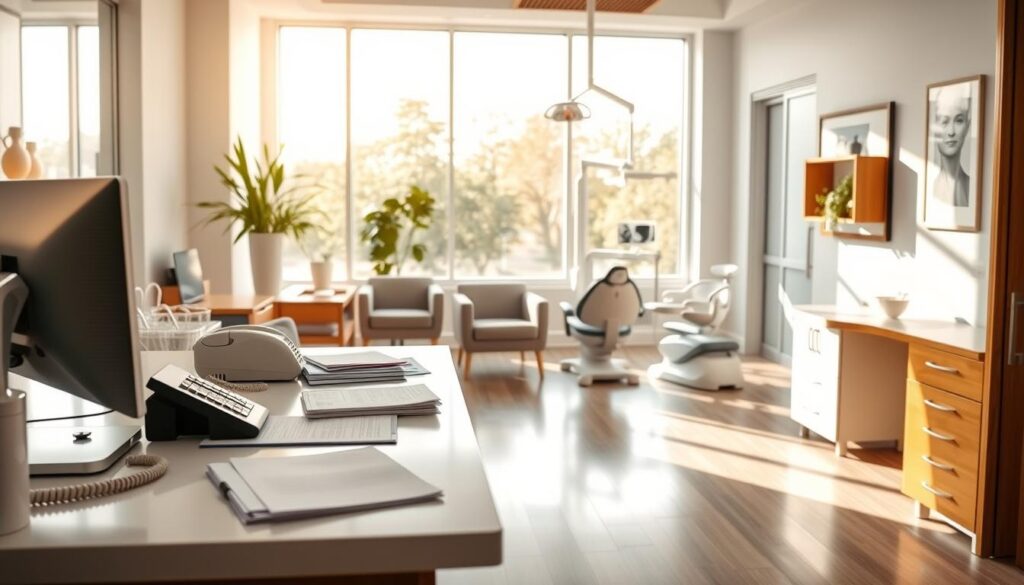 A bright, modern dental office with a welcoming reception area. In the foreground, a receptionist's desk with a computer, phone, and organized paperwork, creating an efficient, organized atmosphere. The middle ground features a comfortable waiting area with plush chairs and elegant decor, conveying professionalism and attention to detail. The background showcases the dental chairs and equipment, bathed in warm, natural lighting through large windows, exuding a sense of calm and care. The overall scene reflects a well-run, patient-focused dental practice, ready to facilitate seamless appointment scheduling.