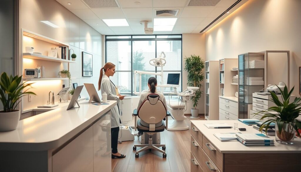 A bright, modern dental office with efficient workflow. The receptionist greets patients at a sleek, welcoming front desk. In the middle ground, a dentist consults with a patient, examining their teeth with professional care. The treatment room is equipped with state-of-the-art dental equipment, creating an atmosphere of expertise and high-quality service. Warm lighting gently illuminates the space, conveying a sense of comfort and reassurance. The background showcases a clean, organized administration area where paperwork and records are meticulously managed, ensuring the smooth running of the practice. A harmonious balance of clinical efficiency and patient-centric design.
