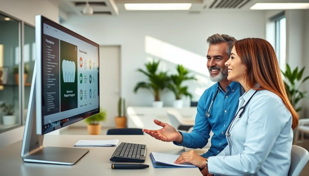 A bright, modern medical office interior with a sleek, intuitive electronic patient record system prominently displayed on a large touchscreen monitor. The foreground features a cheerful dentist explaining the software's features to a patient, their faces expressing a sense of ease and trust. The middle ground showcases a well-organized desk with minimal paperwork, suggesting an efficient, paperless workflow. The background highlights a warm, inviting atmosphere with natural lighting, potted plants, and modern furnishings, creating a calming, professional ambiance. The overall scene conveys the benefits of a free, user-friendly electronic patient management system that simplifies dental clinic operations without compromising patient care.