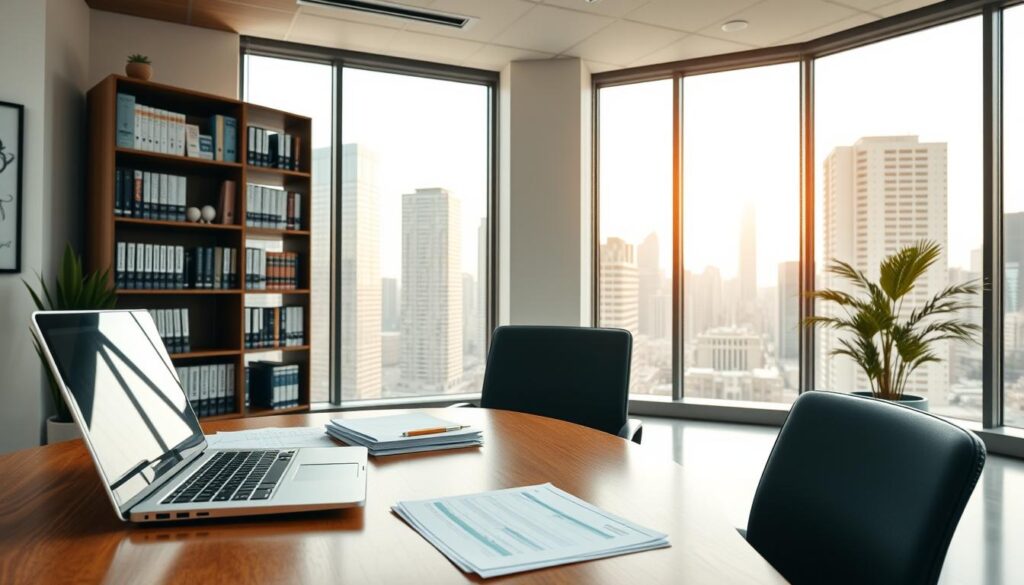 A bright, modern office with a clean, professional aesthetic. In the foreground, a sleek wooden desk with a laptop, calculator, and neatly arranged financial documents. In the middle ground, a tall bookcase filled with medical journals and ledgers. The background features large windows overlooking a bustling city skyline, bathed in warm, natural lighting. The overall mood is one of organized efficiency and fiscal responsibility, reflecting the careful management of a thriving dental practice.