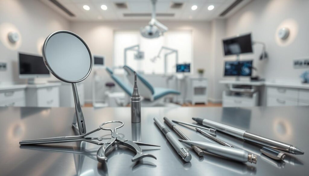 A bright, well-lit dental clinic interior with sleek, modern dental tools and instruments neatly arranged on a stainless steel countertop. In the foreground, a high-quality dental mirror, a set of dental pliers, and a dental scaler stand out in sharp focus. In the middle ground, a dental handpiece, a syringelike instrument, and other specialized tools are visible. In the background, a panoramic view of the clinic showcases a state-of-the-art dental chair, diagnostic screens, and other essential equipment used in comprehensive dental care. The overall scene conveys a sense of professionalism, cleanliness, and advanced medical technology.