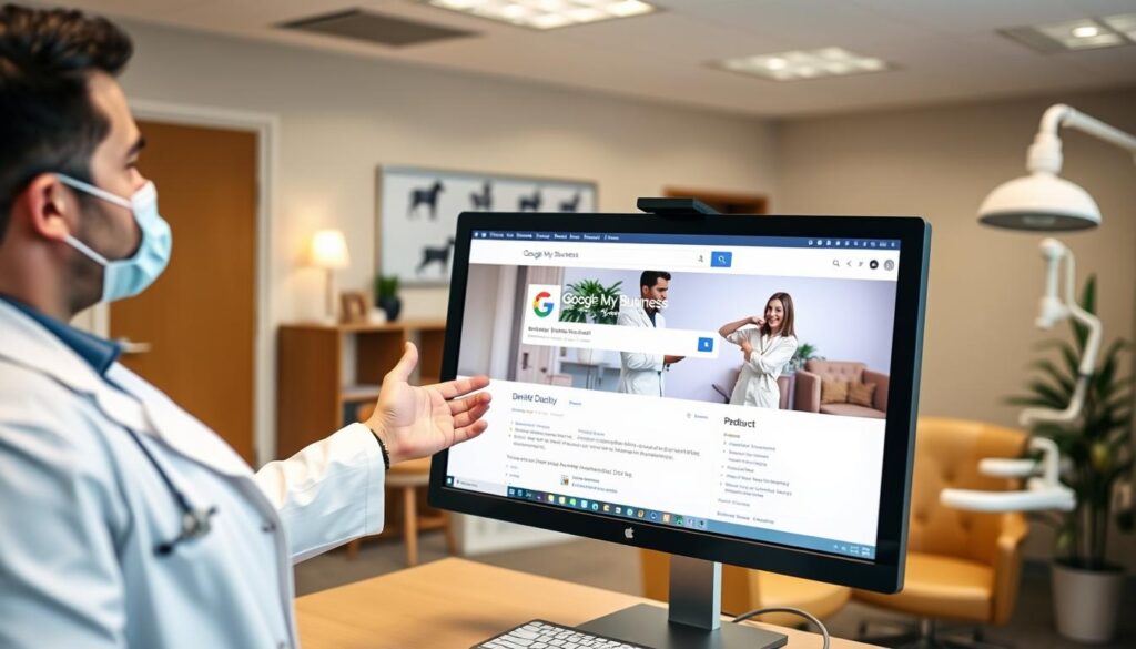 A bright, well-lit office interior with a large desktop computer monitor displaying the Google My Business homepage. In the foreground, a dentist in a white coat is gesturing towards the screen, highlighting the business listing. Behind them, a warm, inviting waiting room with comfortable chairs and dental equipment can be seen. The scene conveys a sense of professionalism, accessibility, and the benefits of leveraging Google My Business for local visibility without cost to dental clinics.