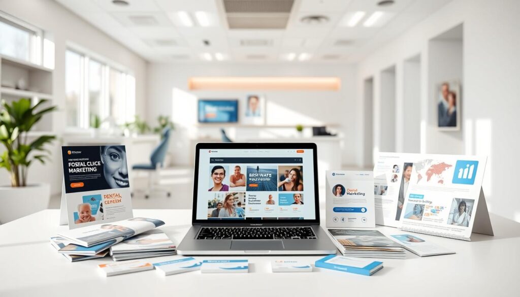 A bright, well-lit studio scene featuring an assortment of dental marketing tools. In the foreground, an array of dental brochures, business cards, and promotional flyers arranged neatly on a clean, white table. In the middle ground, a laptop displaying dental website design templates and social media graphics. In the background, a sleek, modern dental office with a large window allowing natural light to flood the space. The atmosphere is professional, informative, and visually appealing, conveying the essential tools needed for effective dental clinic marketing.