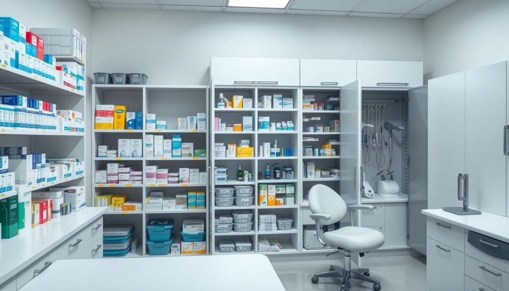 A bright, well-organized dental clinic storeroom with precise inventory management. In the foreground, a pharmacist-style counter displays neatly arranged dental supplies, tools, and medications. Middle ground shows shelves stocked with labeled boxes and containers, color-coded for easy identification. The background features a row of large cabinets, their doors open to reveal meticulous storage of dental equipment, consumables, and spare parts. The overall atmosphere conveys a sense of efficiency, cleanliness, and attention to detail, crucial for maintaining a well-run dental practice.