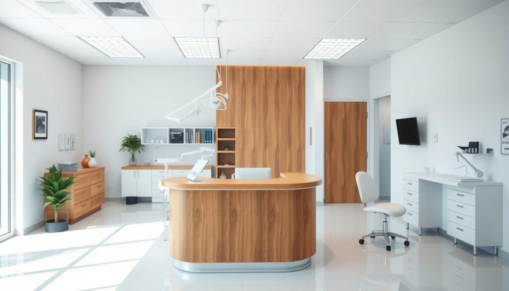 A bright, well-organized dental clinic with a modern, professional interior. The clean, minimalist reception area features a sleek, wooden front desk with a warm, inviting vibe. In the background, the examination rooms are visible, equipped with state-of-the-art dental equipment and instruments, reflecting the clinic's commitment to efficient, high-quality patient care. The lighting is soft and balanced, creating a calm, reassuring atmosphere. The overall layout and design convey a sense of control, order, and attention to detail, showcasing how effective management can positively impact the patient experience in a dental office.