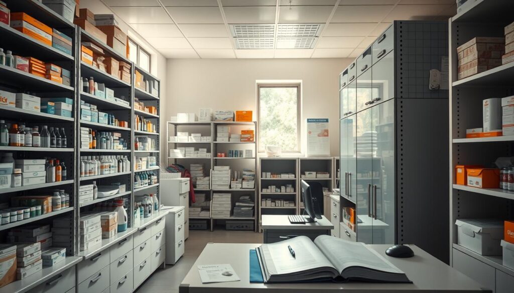 A bright, well-organized dental supply storage room. A large shelving unit dominates the foreground, filled with neatly arranged boxes, bottles, and instruments. Diffused natural light streams in through windows, casting a warm glow. The middle ground shows a desk with a computer, invoices, and a glossy inventory ledger. The background reveals more shelving units and cabinets, everything maintained with meticulous care. A sense of efficiency and attention to detail permeates the scene, reflecting the importance of strategic stock management in a thriving dental practice.