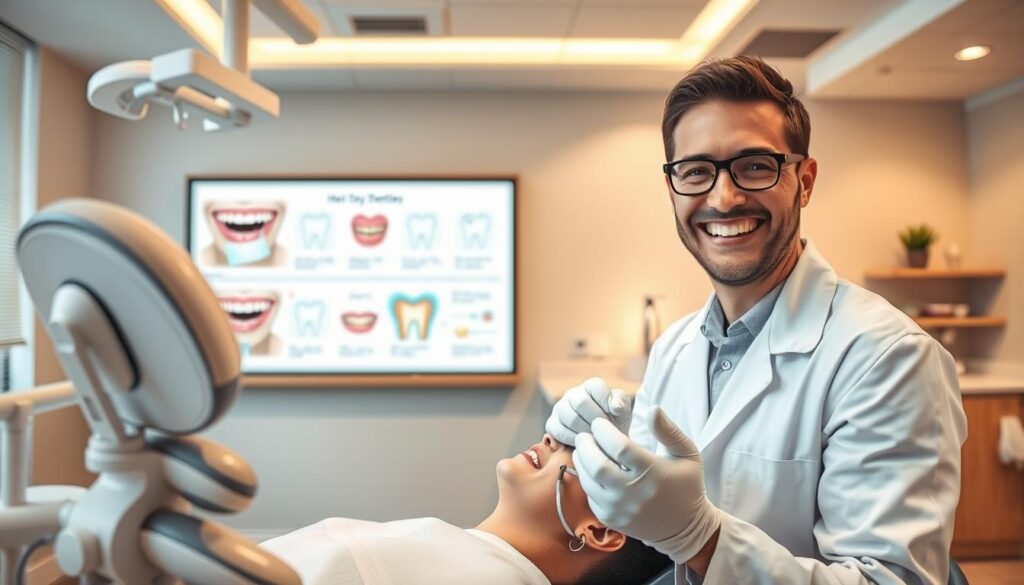 A brightly lit dental clinic interior, with a cheerful but professional atmosphere. In the foreground, a smiling dentist in a white coat examines a patient's teeth using modern equipment. In the middle ground, an educational display shows different dental procedures and healthy dental habits. The background features a calming, neutral-toned color palette with soothing decor, conveying a sense of trust and care. The lighting is warm and inviting, creating a relaxing environment for patients. The scene captures the essence of providing informative and reassuring dental content to attract and educate patients.