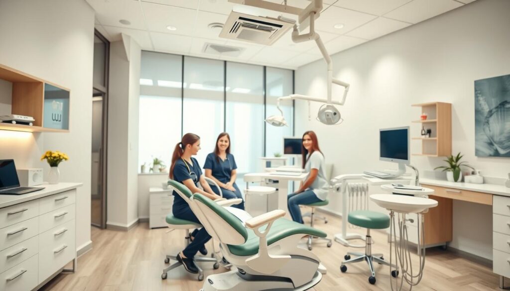 A brightly lit dental clinic interior with a warm, welcoming atmosphere. In the foreground, a patient sits comfortably in a modern dental chair, surrounded by a friendly, attentive dental team. The middle ground features state-of-the-art dental equipment and soothing decor, creating a sense of professionalism and care. The background showcases a panoramic view of the clinic, highlighting its spacious and well-organized layout. Soft, diffused lighting creates a calming ambiance, and the overall scene conveys a patient-centric experience focused on comfort, trust, and exceptional dental care.