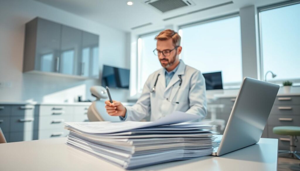 A brightly lit, modern dental clinic interior with clean, minimalist design. In the foreground, a desk displaying a stack of clinical reports, with a laptop and stylus nearby. In the middle ground, a professional-looking doctor in a white coat carefully reviewing the reports, their expression focused and thoughtful. The background features sleek, grey cabinetry, a wall-mounted display screen, and large windows allowing natural light to flood the space. The overall scene conveys a sense of efficiency, attention to detail, and a commitment to evidence-based decision-making in the management of the dental practice.