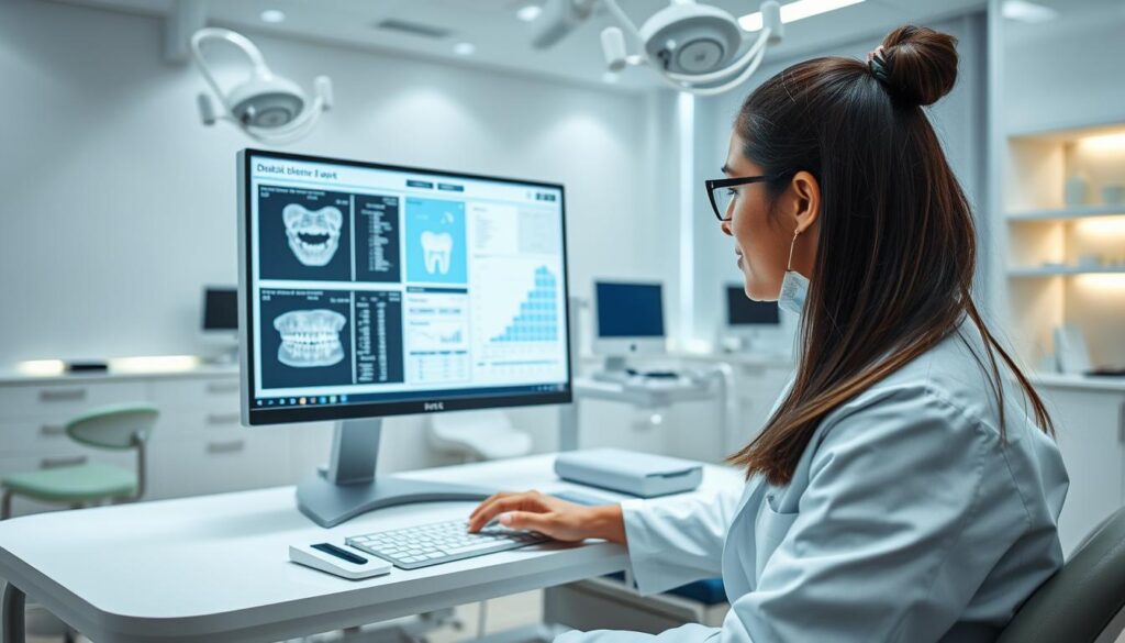 A brightly lit, modern dental office interior, with a clinician meticulously analyzing a detailed dental report on a large computer monitor. The clinician, dressed in a white lab coat, is seated at a clean, organized desk, surrounded by medical equipment and supplies. The background showcases the clinic's professional and high-tech atmosphere, with sleek furniture, soothing neutral tones, and subtle accent lighting. The overall scene conveys a sense of diligence, efficiency, and a commitment to data-driven decision-making in the pursuit of optimal patient care.