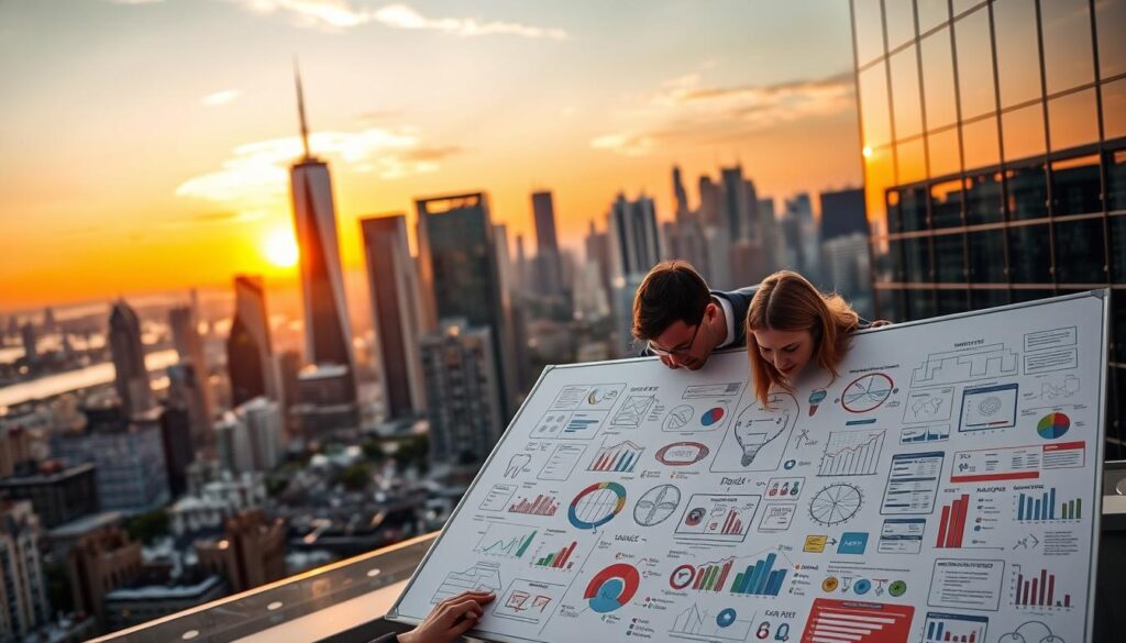 A bustling city skyline at sunset, with modern high-rise buildings and sleek glass facades reflecting the warm, golden light. In the foreground, a team of professionals in business attire poring over marketing strategy documents, engaged in a lively discussion. The middle ground features a large whiteboard covered in colorful diagrams, charts, and brainstorming notes, capturing the dynamic process of crafting effective marketing plans. In the background, a subtle overlay of digital interfaces and analytics dashboards, hinting at the data-driven nature of contemporary marketing strategies. The overall scene conveys a sense of strategic deliberation, innovation, and the relentless pursuit of success in the competitive world of dental practice marketing.