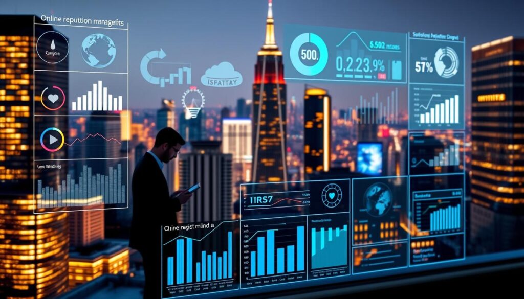 A bustling city skyline, with a vibrant digital display in the foreground showcasing various online reputation metrics and analytics. The display features a sleek, minimalist design with interactive graphs, charts, and performance indicators, all illuminated by a warm, ambient lighting that creates a sense of professionalism and authority. In the middle ground, a team of digital marketing specialists, strategists, and analysts are collaborating, intently studying the data and insights on their laptops and tablets. The background is a soft, hazy blur of skyscrapers and city infrastructure, emphasizing the focus on the online reputation management process. The overall scene conveys a sense of digital mastery, data-driven decision-making, and a commitment to proactively shaping a brand's online presence.