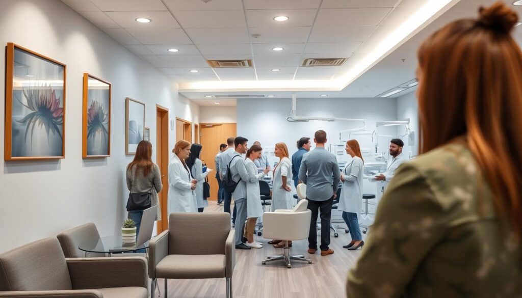 A bustling clinic interior, with a welcoming receptionist greeting patients as they arrive. In the foreground, a modern waiting area with comfortable chairs and calming artwork on the walls. In the middle ground, a team of medical professionals consulting with patients, discussing treatment plans and answering questions. The background reveals well-equipped examination rooms, where state-of-the-art dental equipment and soothing lighting create a sense of care and professionalism. The overall atmosphere conveys a harmonious patient-centric experience, where efficient management and personalized attention blend seamlessly.