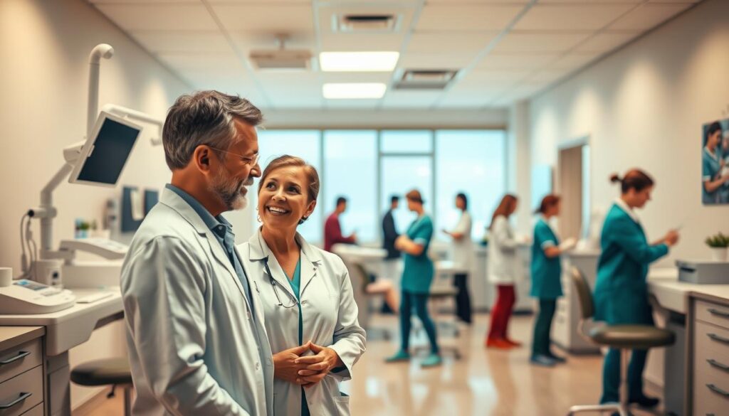 A bustling dental clinic interior, warm and inviting. In the foreground, a dentist and patient engaged in a friendly discussion, conveying efficient communication and trust. The middle ground showcases the clinic's modern equipment and pristine examination rooms, reflecting a high standard of care. The background depicts the busy support staff collaborating seamlessly, exemplifying the teamwork and organization essential for effective dental practice management. Soft, directional lighting illuminates the scene, creating a welcoming ambiance. The overall composition highlights the clinic's commitment to efficient, patient-centric operations.