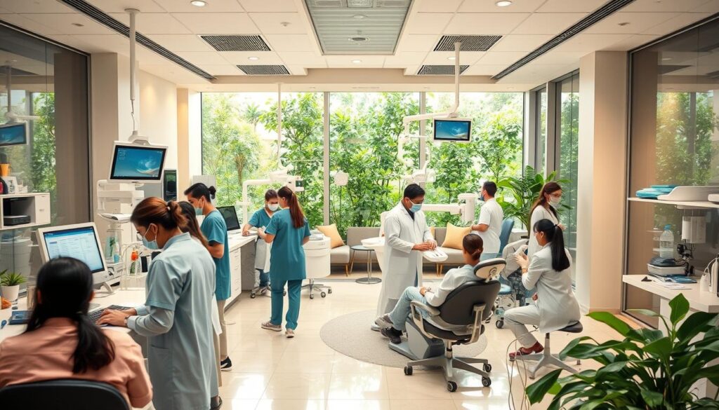 A bustling dental clinic interior, with a team of professional dentists and assistants attending to patients in the foreground. The middle ground features an array of modern dental equipment and technologies, while the background showcases a serene, calming waiting area with comfortable seating and lush greenery. Soft, warm lighting illuminates the scene, creating a sense of professionalism and care. The overall atmosphere conveys the challenges of managing a contemporary, high-quality dental practice, from staffing and patient flow to the latest medical advancements and patient experience.
