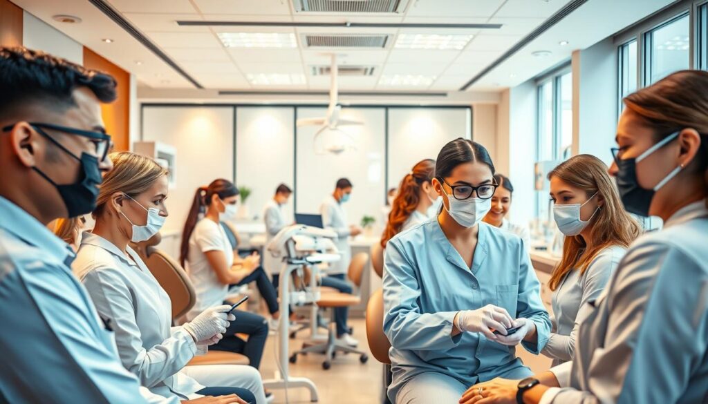 A bustling dental clinic, its productive team working in harmony. The foreground features dental professionals attentively examining patients, their calm and focused expressions conveying expertise. In the middle ground, assistants efficiently prepare equipment, while receptionists gracefully attend to administrative tasks. The background showcases the clinic's modern, well-lit interior design, creating a welcoming atmosphere. Warm lighting casts a soft glow, and the layout is optimized for smooth patient flow. The scene radiates a sense of professionalism, organization, and a commitment to delivering excellent dental care.