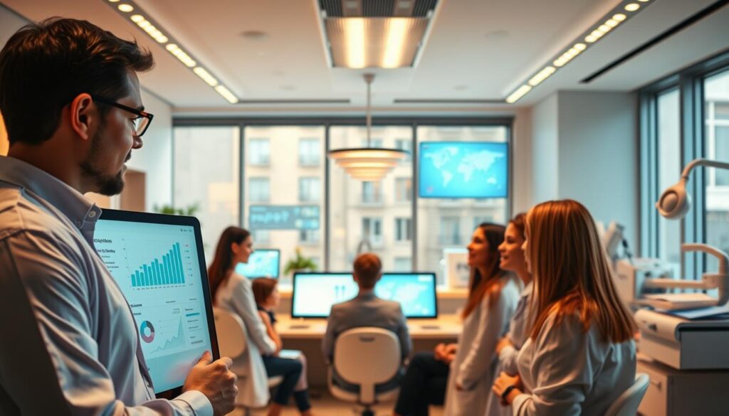 A bustling dental clinic, its reception area illuminated by warm, natural lighting from large windows. In the foreground, a team of professionals analyzing charts and data on a sleek, modern monitoring dashboard, their expressions focused as they review key performance indicators. The middle ground showcases the clinic's vibrant waiting area, where patients engage with informative digital displays, guiding them through the clinic's services and progress. In the background, the clinic's advanced technology is on full display, with cutting-edge equipment and a serene, minimalist aesthetic reflecting the clinic's commitment to excellence and patient-centric care.