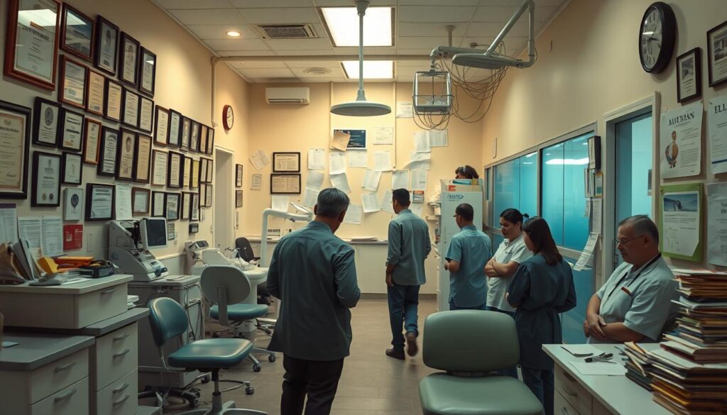 A bustling dental clinic, its walls adorned with certificates and diplomas, stands as a testament to the expertise within. Yet, amidst the pristine decor, subtle cracks in the management begin to emerge. A disorganized filing system, outdated equipment, and frustrated staff convey a sense of disarray. The lighting, once warm and inviting, now casts an eerie glow, highlighting the strained expressions of patients waiting for their appointments. In the background, a tangled web of half-completed paperwork and forgotten documents hints at the administrative challenges plaguing the clinic. This scene encapsulates the common pitfalls of dental practice management, a cautionary tale of the need for streamlined processes and unwavering attention to detail.