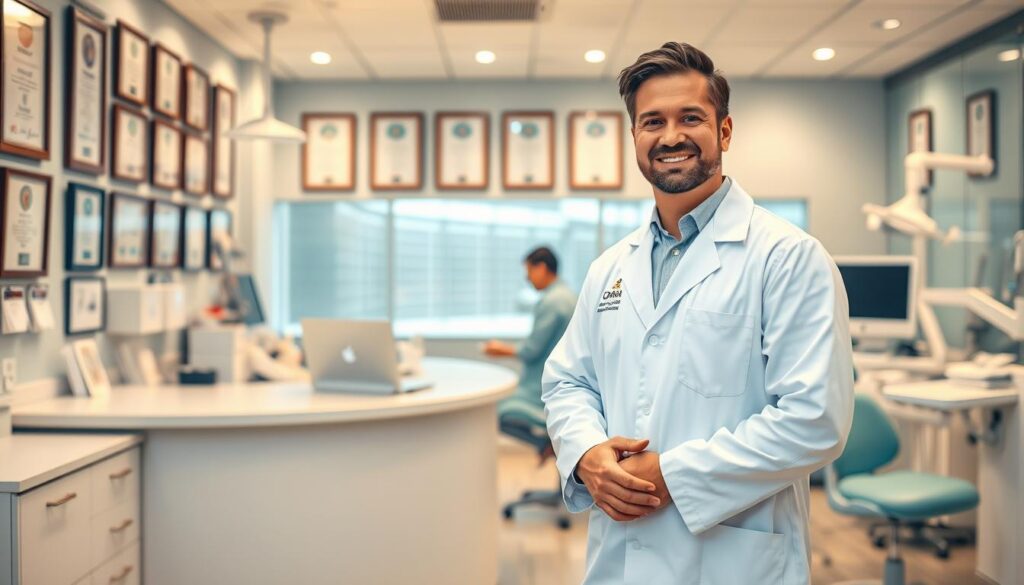A bustling dental clinic, its walls adorned with diplomas and certificates, signifying the owner's expertise. In the foreground, a dentist in a crisp white coat stands, hands clasped, exuding confidence and professionalism. The middle ground features a sleek, modern reception desk, where a smiling assistant greets patients. The background showcases an array of state-of-the-art dental equipment, hinting at the clinic's advanced capabilities. Soft, warm lighting illuminates the scene, creating a welcoming and inviting atmosphere. The overall composition conveys the opportunities available in dental practice management, where expertise, technology, and customer service converge to create a thriving, successful business.