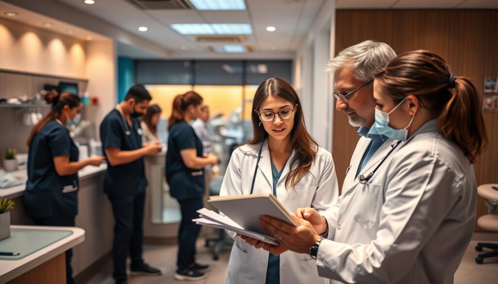 A bustling dental clinic, with a team of healthcare professionals collaborating closely. In the foreground, a dentist and a dental assistant discuss patient files, their expressions focused and engaged. In the middle ground, a receptionist assists a patient at the check-in counter, while in the background, other staff members attend to various tasks, maintaining a well-organized and efficient workspace. The lighting is warm and inviting, casting a soft glow over the scene, conveying a sense of professionalism and care. The overall atmosphere exudes a harmonious team dynamic, highlighting the importance of effective people management in the dental industry.
