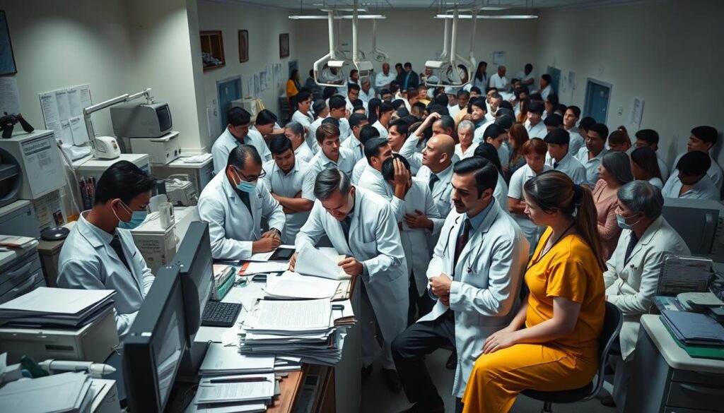 A bustling dental clinic, with dentists and staff surrounded by disorganized paperwork, outdated equipment, and frustrated patients. The foreground showcases a cluttered reception desk, while the middle ground depicts doctors struggling to keep up with administrative tasks. In the background, a chaotic waiting room filled with impatient people highlights the communication breakdown. The lighting is harsh, casting shadows that accentuate the tension. The overall scene conveys a sense of mismanagement, inefficiency, and the need for better organizational practices in dental practice management.