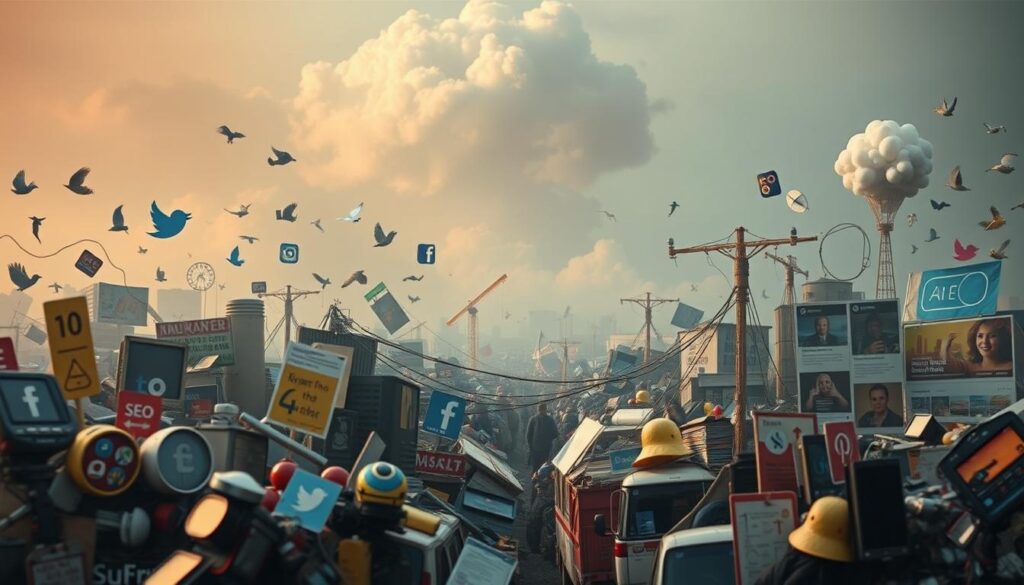 A bustling digital landscape, with various common marketing mistakes depicted through symbolic visual elements. In the foreground, a jumble of outdated social media icons and poorly designed advertisements clutter the scene. In the middle ground, a tangled web of ineffective SEO tactics and outdated website designs obstruct the path forward. In the background, a hazy cloud of confusion and uncertainty looms, representing the lack of a cohesive digital strategy. Soft, muted lighting casts an air of frustration, while the chaotic composition conveys the overwhelming nature of these common digital marketing pitfalls.