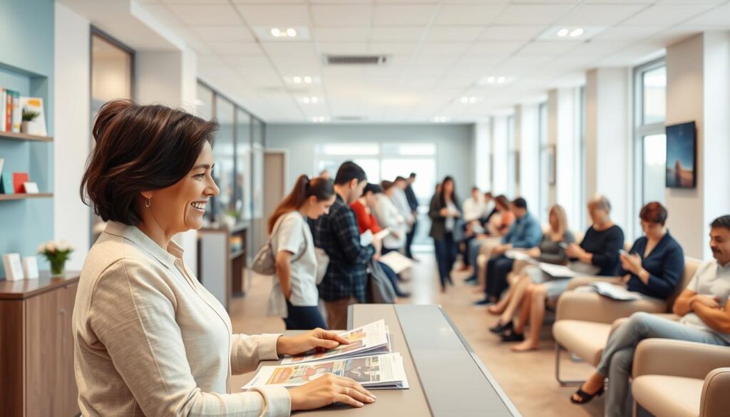 A bustling medical office, the waiting room filled with patients seeking dental care. In the foreground, a receptionist efficiently managing the check-in process, a warm smile on her face as she guides each person through the intake. The middle ground reveals a well-organized queue, patients patiently awaiting their turn, some browsing magazines, others engaged on their devices. The background showcases a modern, clean aesthetic - bright lighting, soothing color palettes, and ergonomic furniture, all designed to create a comfortable, stress-free environment. The scene conveys a sense of order, efficiency, and a patient-centric approach to healthcare, capturing the essence of "optimizing the patient flow" within an ideal dental clinic.