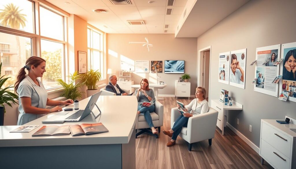 A bustling offline marketing strategy for a dental office, showcasing a welcoming and professional setting. In the foreground, a receptionist greets patients at a clean, modern desk, with brochures and promotional materials neatly displayed. In the middle ground, patients comfortably sit in plush chairs, perusing magazines and engaging with informative wall displays. The background features a bright, airy treatment room, conveying a sense of expertise and care. Warm, natural lighting filters through large windows, creating a calming atmosphere. The overall scene exudes a friendly, trustworthy vibe that encourages patients to engage with the practice's offline marketing initiatives.