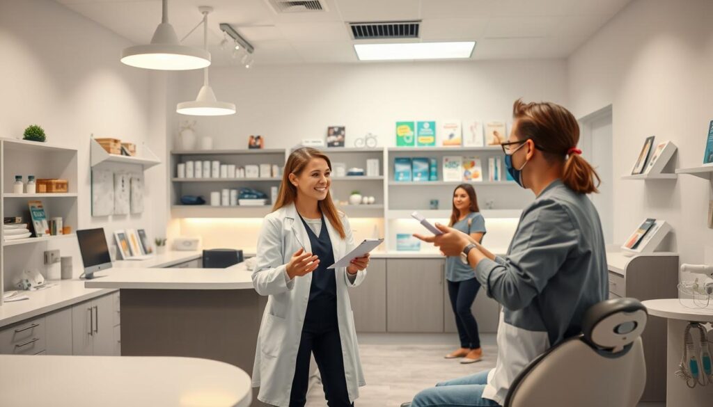 A busy dental office interior, with a modern, minimalist design. In the foreground, a dentist is explaining treatment options to a patient, gesturing animatedly. The mid-ground features a reception desk where a smiling staff member greets new patients. The background showcases shelves stocked with dental supplies, equipment, and informative brochures. The lighting is warm and inviting, with a mix of natural and soft, directional lighting. The color palette is calming, featuring shades of white, gray, and blue. An air of professionalism and care pervades the scene, reflecting the dental practice's commitment to patient-centric marketing strategies.