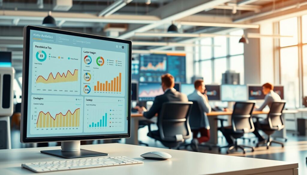 A busy digital marketing dashboard with real-time analytics and campaign controls. The foreground features a sleek, intuitive interface with customizable graphs, charts, and metrics tracking key performance indicators. In the middle ground, a team of digital marketers collaborates, adjusting campaign parameters and optimizing strategies on the fly. The background showcases a vibrant, tech-savvy office environment with large monitors, workstations, and a sense of focused productivity. Warm, natural lighting casts a professional glow, while clean lines and a minimalist design convey a sense of control and efficiency. The overall scene embodies the idea of comprehensive, real-time campaign management for a thriving digital marketing operation.