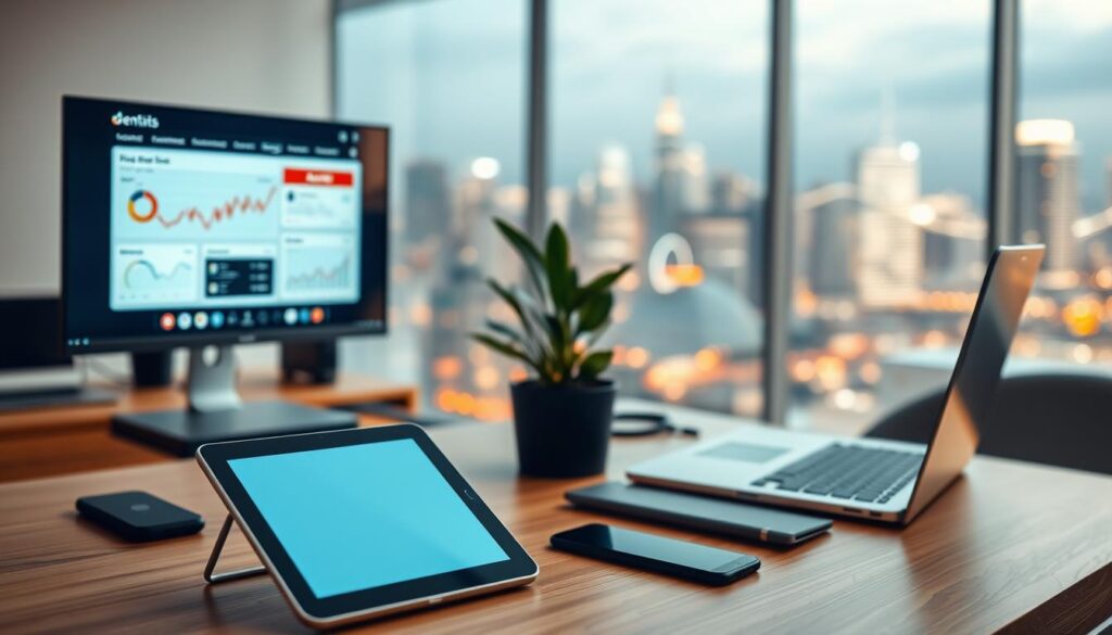A busy social media workspace for dentists, with a clean and modern aesthetic. In the foreground, various digital devices such as a tablet, smartphone, and laptop are arranged neatly on a minimalist wooden desk. The middle ground features a potted plant and a sleek monitor displaying analytical data and social media engagement metrics. In the background, a vibrant, out-of-focus cityscape provides a dynamic and inspiring backdrop, hinting at the broader online landscape dentists can leverage. The lighting is soft and diffused, creating a professional and productive atmosphere. The overall scene conveys a sense of organization, efficiency, and a dentist's embrace of digital marketing strategies to connect with patients.