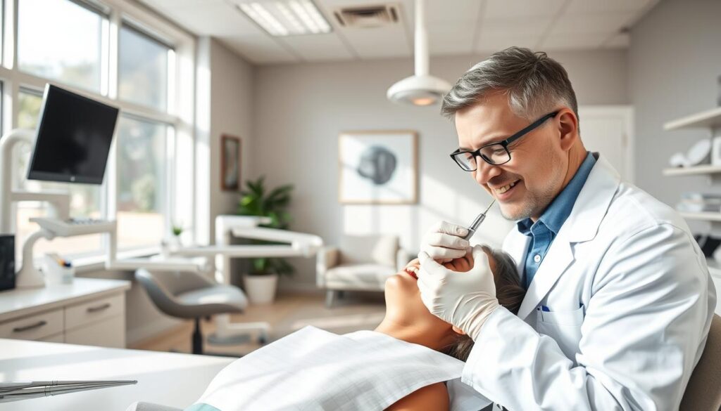 A calm, professional dental office filled with natural light. In the foreground, a dentist in a white coat carefully examines a patient's teeth, their gentle expressions conveying care and attentiveness. The middle ground showcases modern dental equipment and supplies, neatly organized on clean, minimalist countertops. In the background, a soothing, neutral-toned waiting area with comfortable seating invites patients to relax. The lighting is soft and diffused, creating a serene, welcoming atmosphere that puts patients at ease. The overall scene communicates an efficient, patient-centric dental practice focused on providing high-quality, compassionate care.