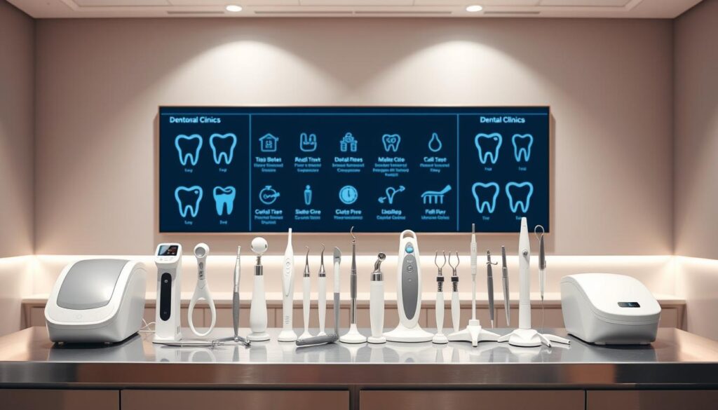 A classic dental clinic advertisement set in a warm, professional atmosphere. In the foreground, a row of modern dental equipment and tools sit pristinely arranged on a sleek, stainless steel counter. Behind, a wall-mounted display showcases various dental procedures and services, conveyed through stylized icons and typography. The background depicts a minimalist, well-lit interior with soft, indirect lighting, giving an air of clinical cleanliness and medical expertise. The overall composition suggests a dental practice that is technologically advanced, meticulously maintained, and dedicated to patient care and satisfaction.