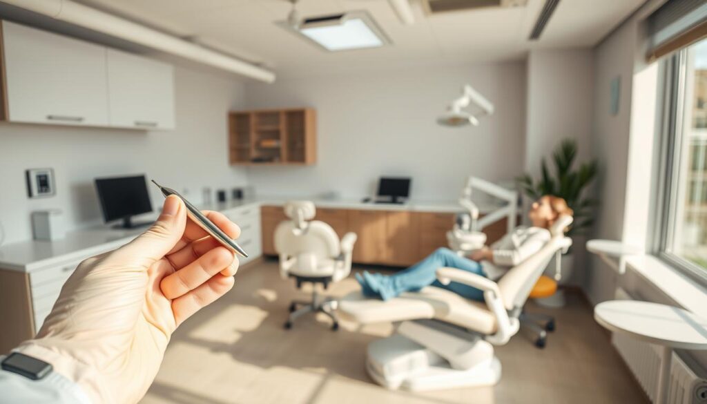 A clean, clinical dental office with modern equipment and furnishings. In the foreground, a dentist's hand holds a dental tool, conveying professionalism and expertise. The middle ground features patients relaxing in ergonomic chairs, representing the care and comfort provided. The background showcases a bright, well-lit space with sleek cabinetry and a large window, suggesting a welcoming, state-of-the-art environment. Warm, natural lighting creates a calming atmosphere, reflecting the clinic's focus on patient well-being. Subtle dental-themed decor, such as toothbrush motifs, underscores the specialized nature of the services offered. The overall scene conveys authority, trust, and a commitment to dental health.