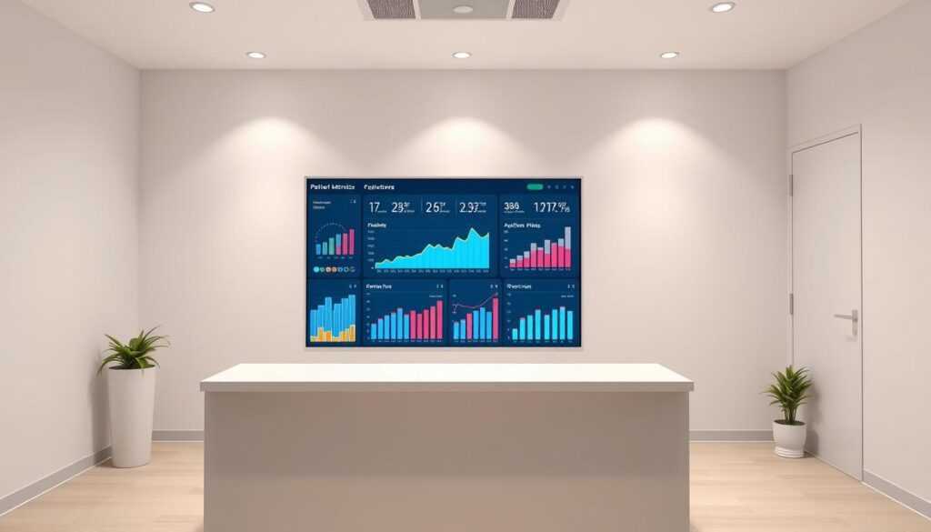 A clean, minimalist clinic interior with a prominent desk showcasing key performance metrics for dental practices displayed on a modern, high-resolution digital dashboard. Soft, directional lighting illuminates the scene, creating a professional yet inviting atmosphere. The dashboard features charts, graphs, and numerical data illustrating patient volume, appointment bookings, revenue, and other crucial analytics vital for tracking the success of dental marketing strategies. The overall composition emphasizes the importance of data-driven decision making for optimizing digital marketing efforts in the dental industry.
