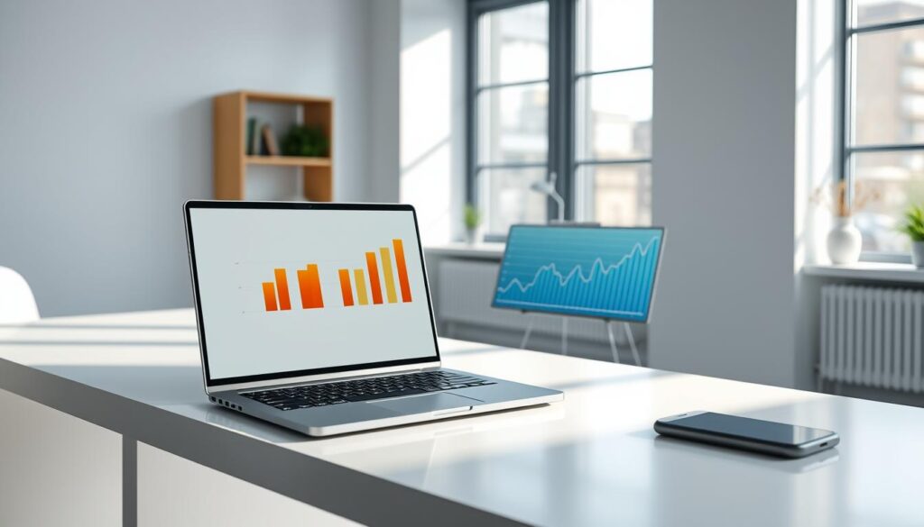 A clean, minimalist office interior with a laptop, tablet, and smartphone on a sleek white desk. A bar chart and line graph displayed on the laptop screen, representing key marketing metrics for a dental clinic. Soft, natural lighting filters in through large windows, creating a professional and modern atmosphere. In the background, a simple bookshelf with dental-themed decor elements. The overall scene conveys an analytical, data-driven approach to dental marketing strategy and performance tracking.