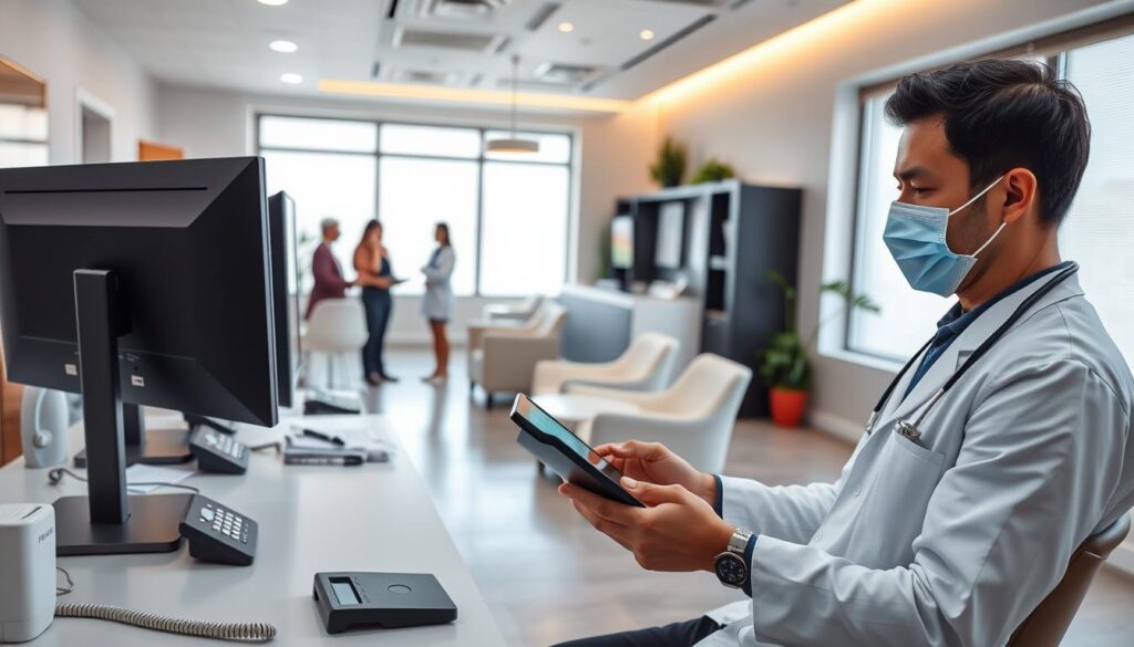 A clean, modern dental clinic interior with a focus on communication tools. In the foreground, a dentist is reviewing patient data on a tablet, surrounded by various communication devices like a desktop computer, landline phone, and a videoconferencing setup. The middle ground showcases a reception area with friendly staff assisting patients, while the background features a well-lit, open-concept layout with sleek furnishings and decor that evokes a sense of professionalism and efficiency. Soft, natural lighting emanates from large windows, creating a calming, welcoming atmosphere. The image conveys the seamless integration of communication technologies in a state-of-the-art dental practice, supporting high-quality patient care and management.