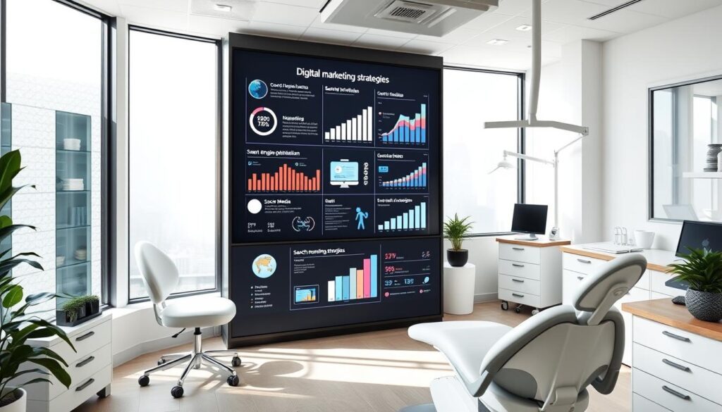 A clean, modern dental office interior with a prominent digital display showcasing various digital marketing strategies and analytics for dental clinics. The space is filled with natural light, featuring minimalist decor and sleek, high-tech equipment. The focal point is a large, interactive touchscreen that presents a range of digital marketing tactics, from search engine optimization to social media campaigns, designed to effectively promote and grow a dental practice. The overall atmosphere exudes professionalism, innovation, and a forward-thinking approach to dental marketing in the digital age.