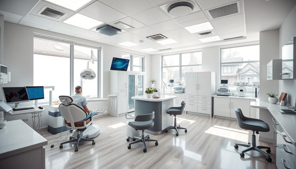A clean, modern dental office with efficient workflow and organization. The foreground features a dentist and assistant working seamlessly, using advanced dental equipment. The middle ground showcases a well-designed, ergonomic reception area with comfortable seating and digital scheduling systems. In the background, state-of-the-art sterilization and storage facilities ensure a hygienic, professional environment. Bright, natural lighting filters through large windows, creating a calming, patient-centric atmosphere. The overall scene conveys a sense of technological prowess, attention to detail, and a commitment to providing exceptional dental care.