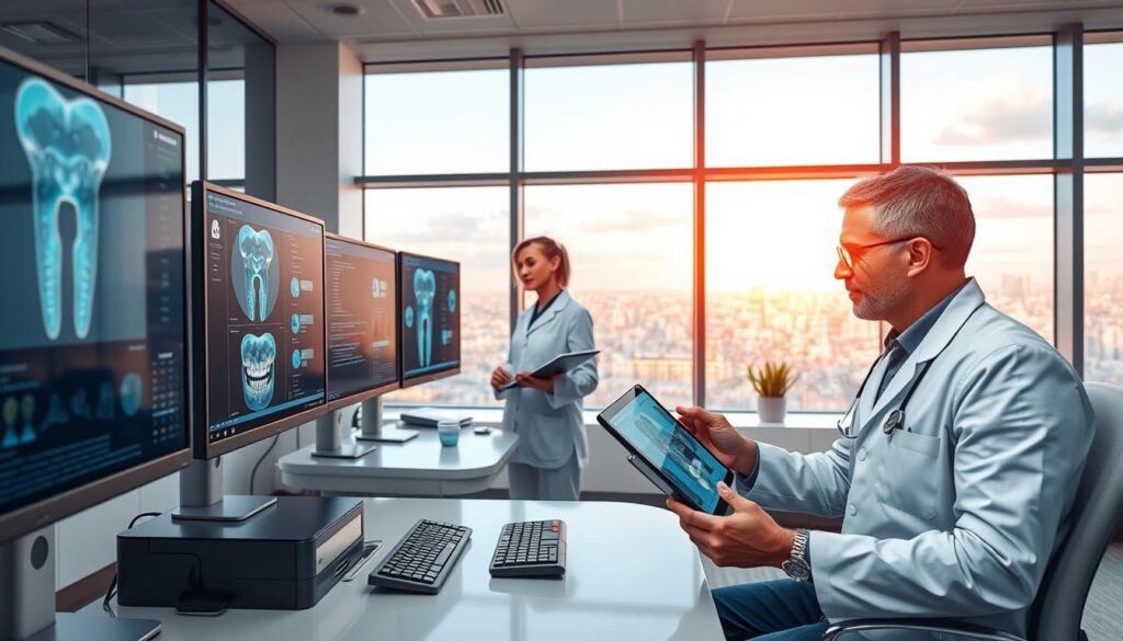 A clean, modern dental software office with sleek workstations, digital dental imaging screens, and intuitive user interfaces. In the foreground, a dentist reviews patient data on a touchscreen display, while in the middle ground, a dental assistant schedules appointments on a tablet. The background showcases a panoramic view of a cityscape through large windows, bathed in warm, natural lighting. The overall atmosphere conveys efficiency, innovation, and a commitment to cutting-edge dental technology.