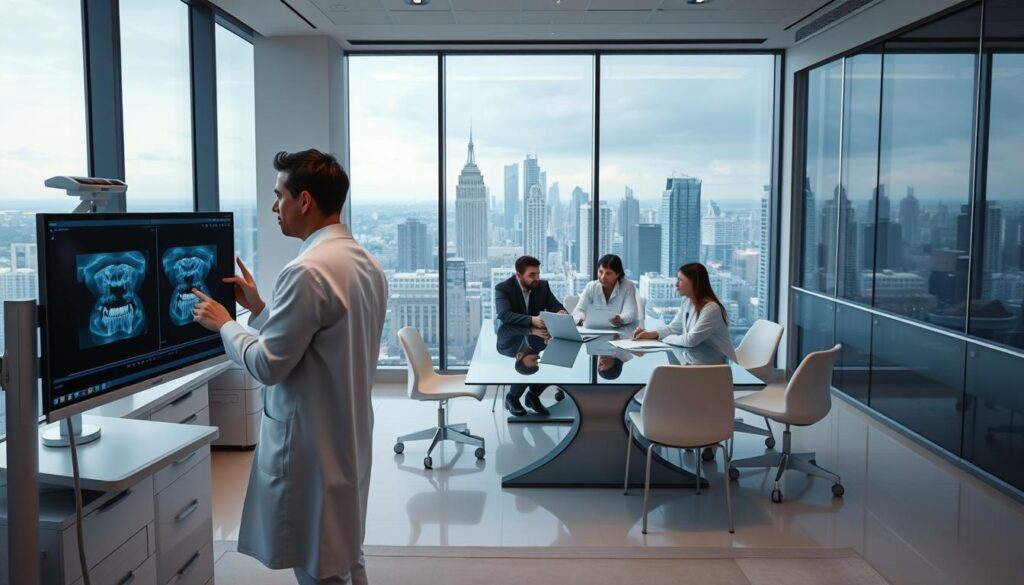 A clean, modern office interior with sleek dental equipment and technology. In the foreground, a dentist dressed in a crisp white coat examines x-rays on a high-resolution computer monitor. The middle ground showcases a team of dental professionals collaborating around a glass-topped conference table, discussing data visualizations and financial reports. In the background, floor-to-ceiling windows offer a panoramic view of a thriving city skyline, symbolizing the successful growth and expansion of the dental practice through effective management. Soft, directional lighting casts a professional, authoritative atmosphere, while minimalist decor and muted tones convey an air of efficiency and expertise.