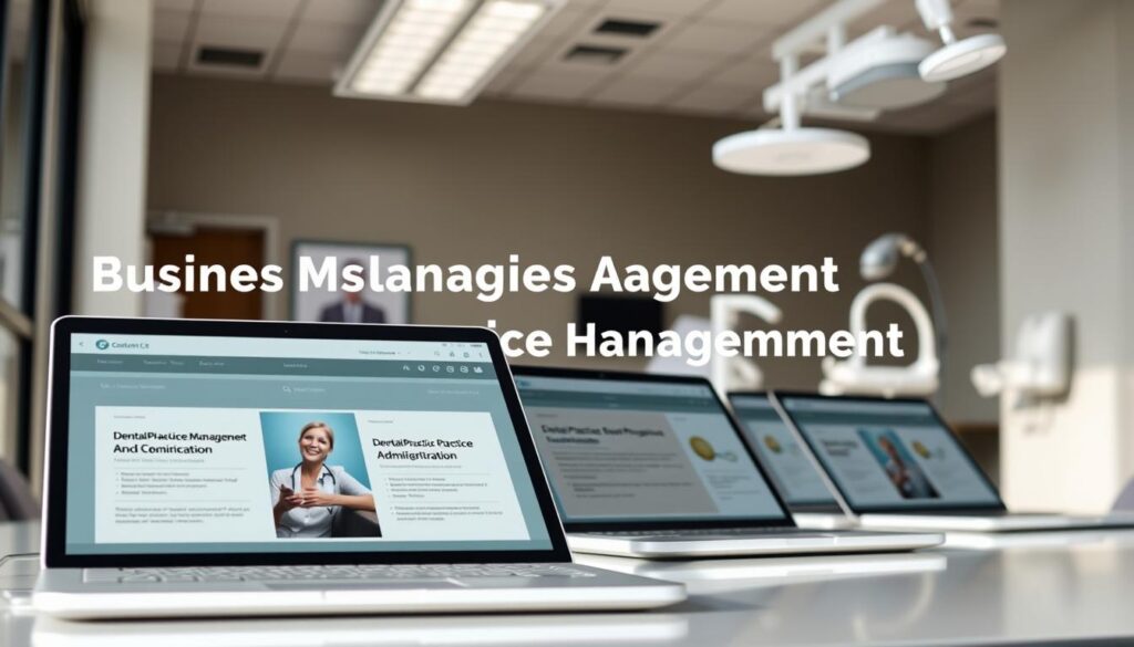 A clean, modern online learning platform featuring a variety of business management courses, with a focus on dental practice administration. The foreground shows a row of laptops or tablets displaying course materials, while the background depicts a professional office setting with medical equipment and signage hinting at a dental theme. The lighting is soft and natural, creating a welcoming, educational atmosphere. The overall composition conveys the accessibility and practicality of online dental practice management education.