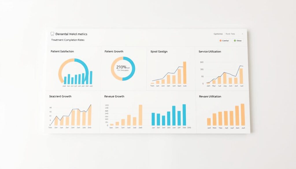 A clean, well-designed dashboard displaying key dental metrics, including patient satisfaction, treatment completion rates, revenue growth, and service utilization. The metrics are presented in a clear, easy-to-understand format using simple charts and graphs. The dashboard is set against a minimalist, light-colored background, with a calm, professional atmosphere. The lighting is soft and diffuse, creating a sense of clarity and precision. The camera angle is slightly elevated, giving an overview of the dashboard and conveying a sense of authority and expertise. The overall effect is one of data-driven decision-making, highlighting the importance of carefully measuring and analyzing the performance of a dental practice.