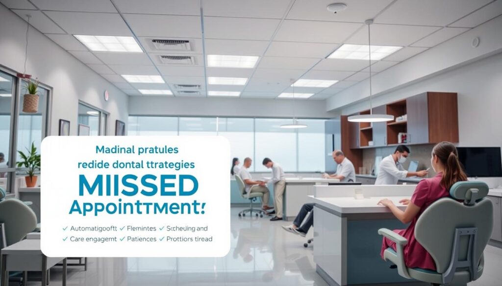 A clean, well-lit dental clinic with patients in the waiting room, receptionists at the front desk, and dentists and hygienists tending to patients in the examination rooms. The atmosphere is calm and professional, with soothing colors and modern, ergonomic furniture. The lighting is soft and even, creating a sense of comfort and care. In the foreground, a prominently displayed infographic or signage illustrates strategies for reducing missed appointments, such as automated reminders, flexible scheduling, and patient engagement initiatives. The overall scene conveys an efficient, patient-centric practice dedicated to optimizing the care experience and minimizing disruptions.