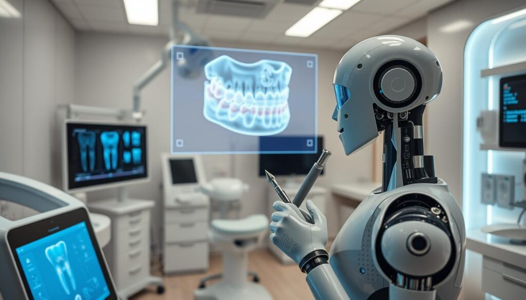A clean, well-lit medical laboratory setting featuring an array of cutting-edge dental technologies. In the foreground, a sleek digital x-ray machine and a sophisticated teeth whitening laser. In the middle ground, a robotic dental assistant demonstrating the precise movements of a state-of-the-art dental drill. In the background, a holographic display showcasing a 3D model of a human jaw, with advanced dental implant designs floating above. The overall atmosphere conveys a sense of innovation, precision, and the future of dentistry.