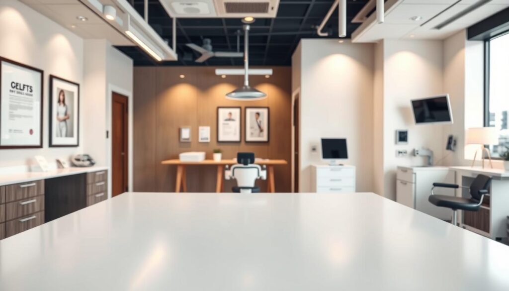 A clean, well-lit medical office interior with a large desk and modern medical equipment in the foreground. Sleek, minimalist decor in the middle ground, with a warm, inviting atmosphere. In the background, subtle visual cues alluding to regulations and guidelines governing medical advertising, such as framed legal documents or discreet signage. Soft, directional lighting casts a professional glow, capturing the essence of ethical, compliant medical marketing.