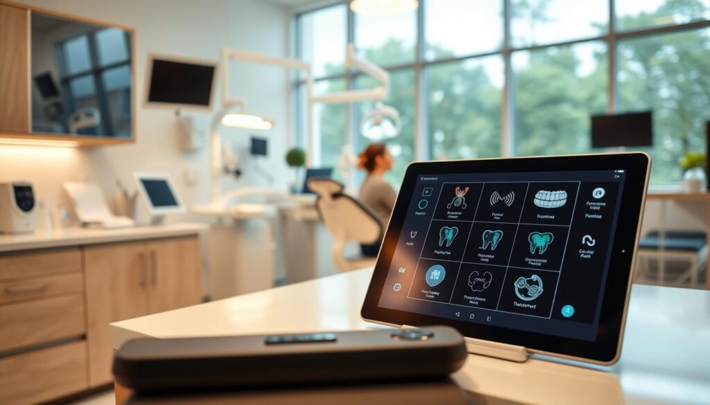 A clean, well-lit office interior with modern dental equipment and tools neatly arranged on countertops. In the foreground, a tablet computer displays a user interface with various diagnostic and treatment options. In the middle ground, a dentist consults with a patient, discussing treatment plans and procedures. The background features floor-to-ceiling windows, allowing natural light to fill the space and create a calming, professional atmosphere. The scene conveys the seamless integration of technology and medical expertise within a state-of-the-art dental practice.