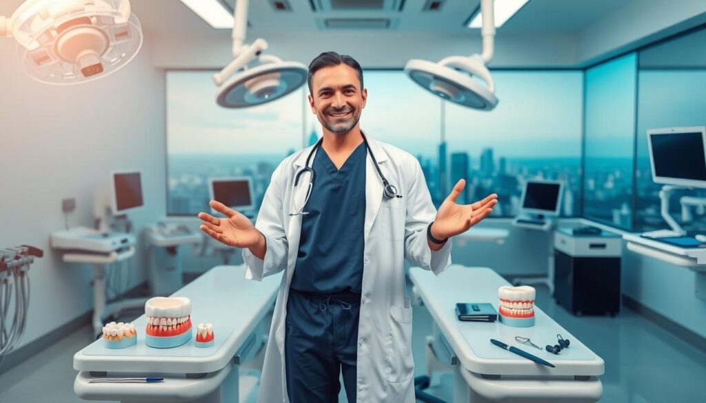 A clean, well-lit surgical suite with modern dental equipment and instruments meticulously arranged on sterile trays. In the foreground, a dentist in scrubs and a white coat stands confidently, hands poised to demonstrate keystone skills in patient care, practice management, and leadership. The middle ground features 3D models of teeth and jaws, highlighting the technical expertise required. The background depicts a panoramic cityscape, symbolizing the broader business and administrative competencies needed to run a successful dental practice. Soft, directional lighting casts an air of professionalism and authority, while the overall composition conveys the multifaceted nature of dental practice management.